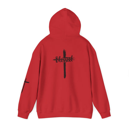 Blessed Cross Hoodie — Christian Faith Pullover with Cross Sleeve Design