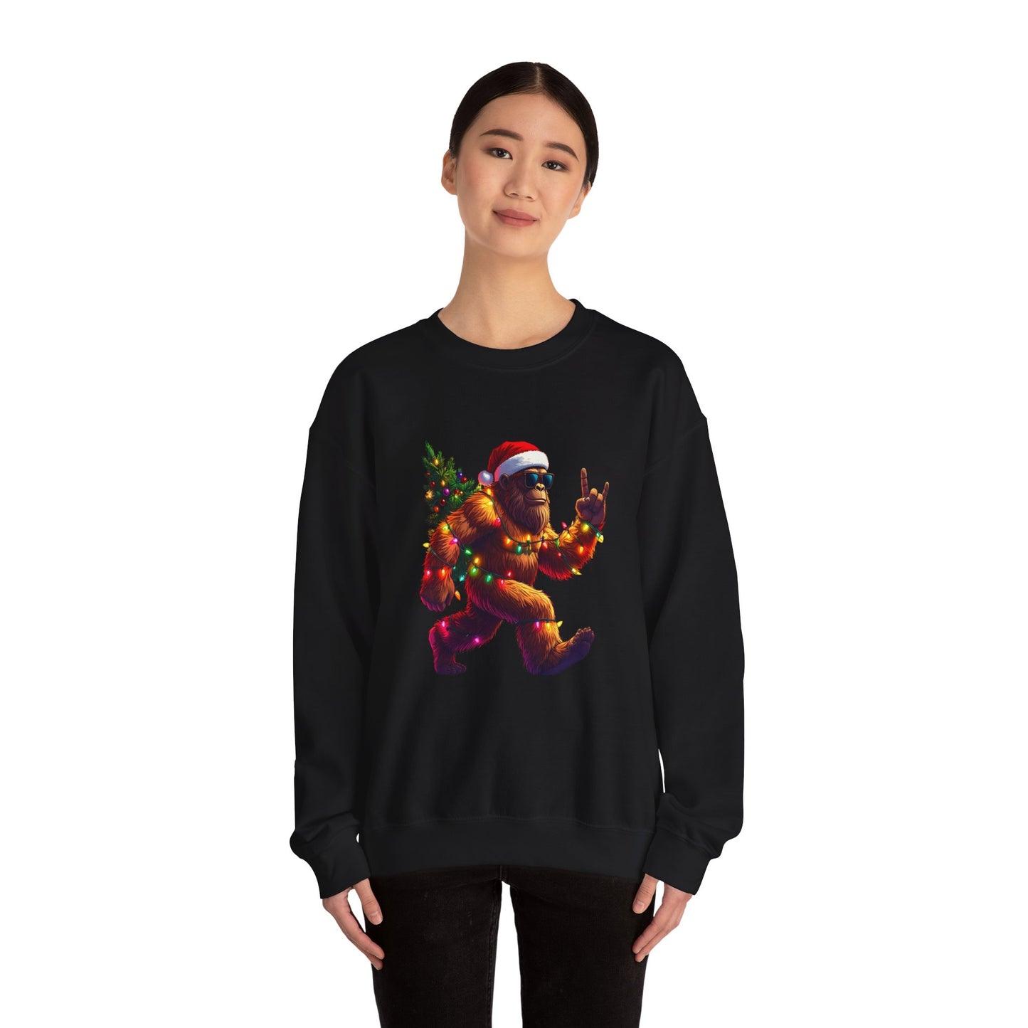 Christmas Sasquatch Crewneck Sweatshirt — Holiday Bigfoot with Santa Hat & Lights