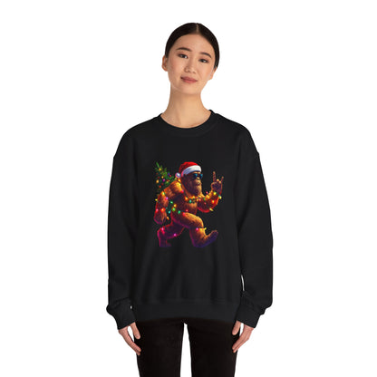 Christmas Sasquatch Crewneck Sweatshirt — Holiday Bigfoot with Santa Hat & Lights