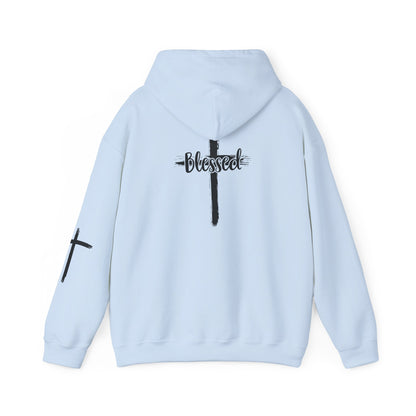 Blessed Cross Hoodie — Christian Faith Pullover with Cross Sleeve Design