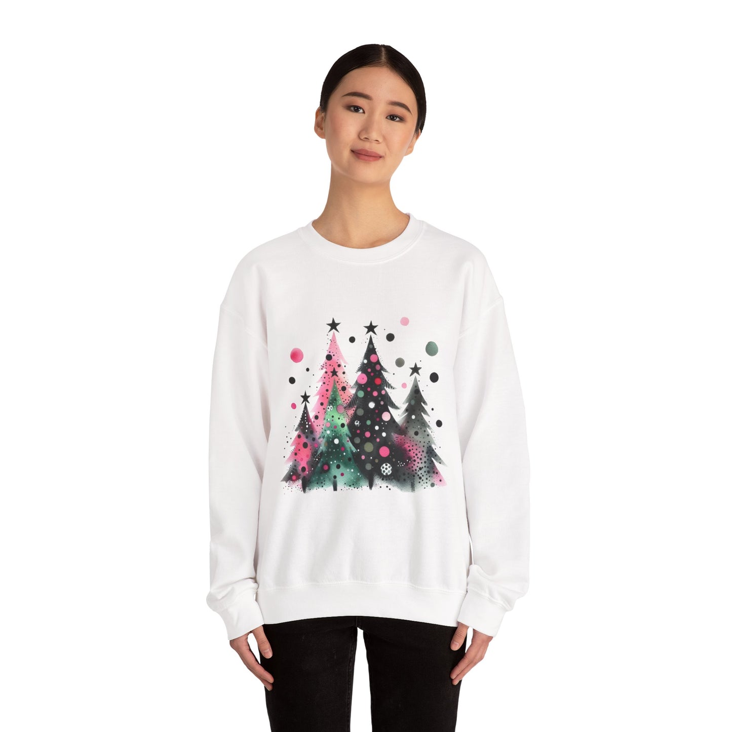 Christmas Tree Crewneck Sweatshirt — Watercolor Holiday Trees Graphic