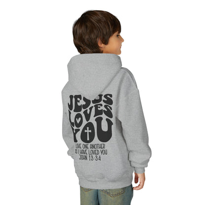 Youth Hoodie — "Jesus Loves You" Christian Scripture Sweatshirt (John 13:34)