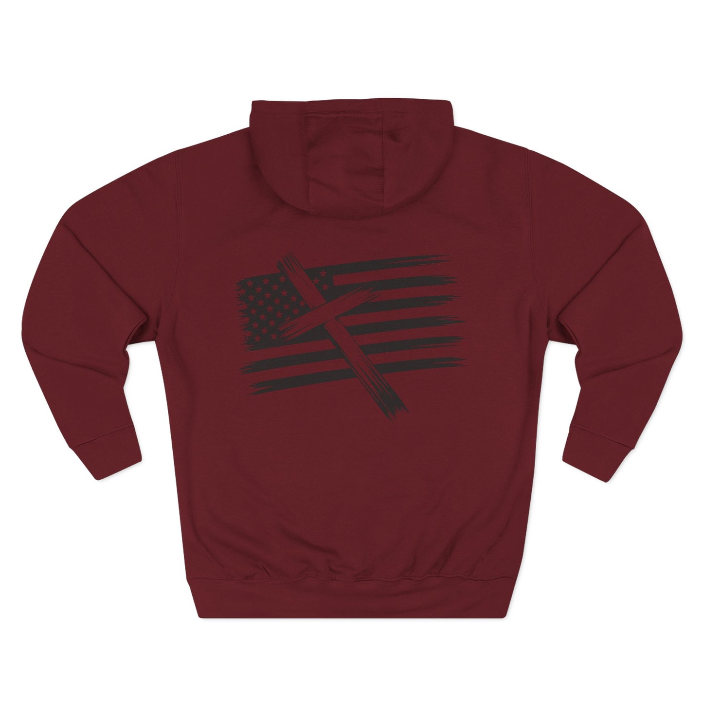 American Flag Cross Hoodie — Christian Patriotic Pullover with Distressed Stars & Stripes