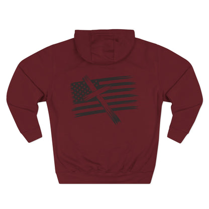 American Flag Cross Hoodie — Christian Patriotic Pullover with Distressed Stars & Stripes
