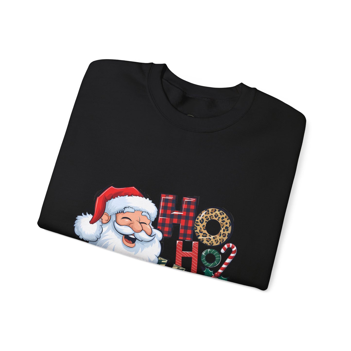 Christmas Santa 'Ho Ho Ho' Crewneck Sweatshirt — Holiday Plaid & Leopard Print Festive Pullover