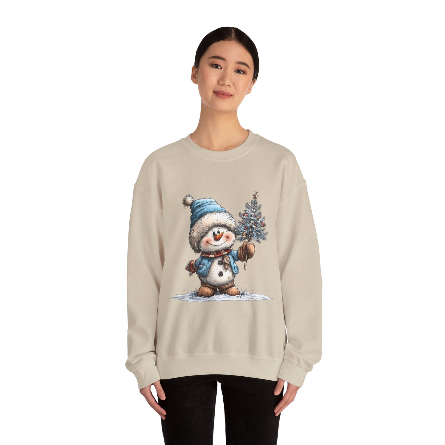 Snowman with Tree Crewneck Sweatshirt — Cute Holiday Kids-Style Winter Pullover