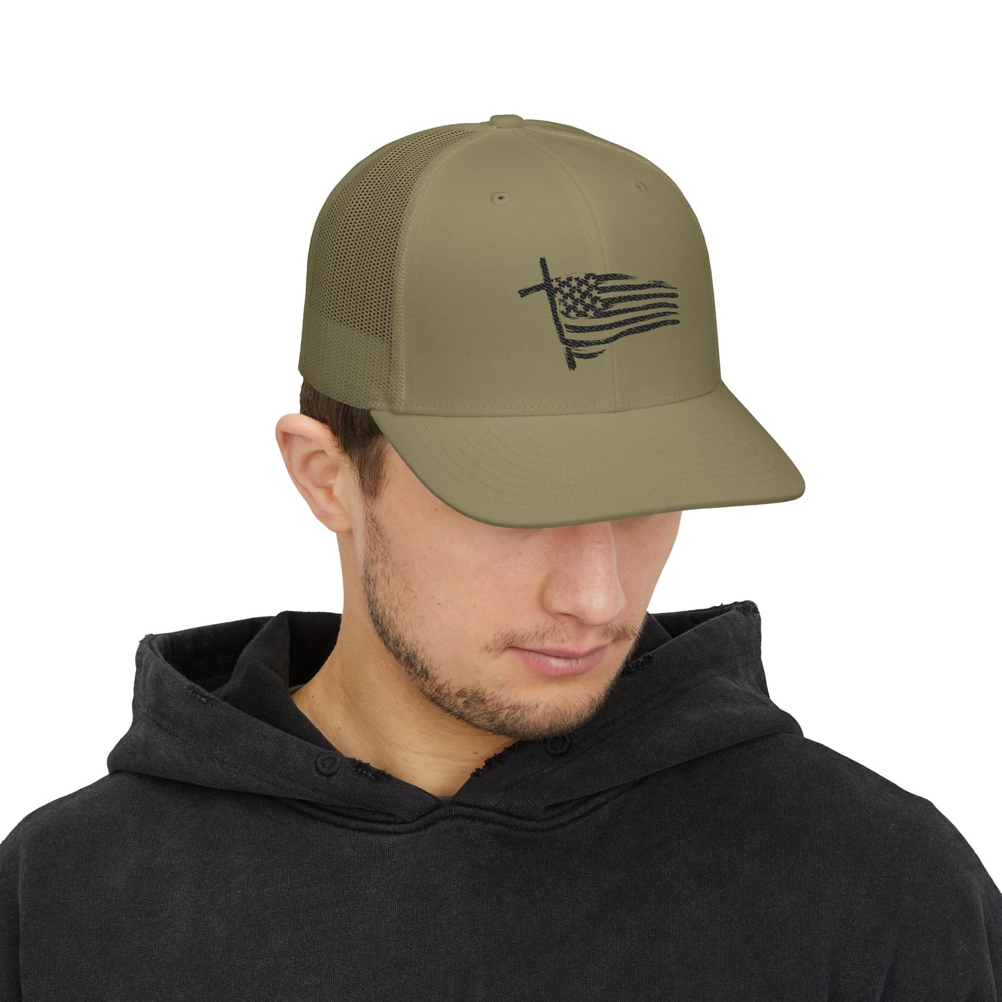Embroidered Waving American Flag Trucker Cap