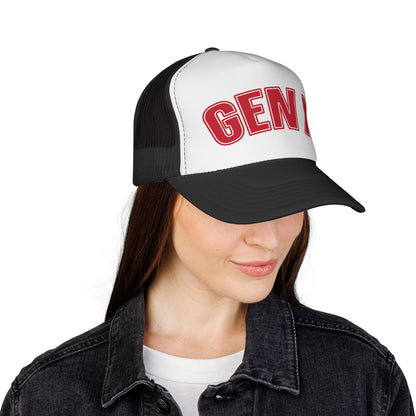 Gen X Trucker Cap — Retro Red Embroidered Mesh Hat for 40s–60s