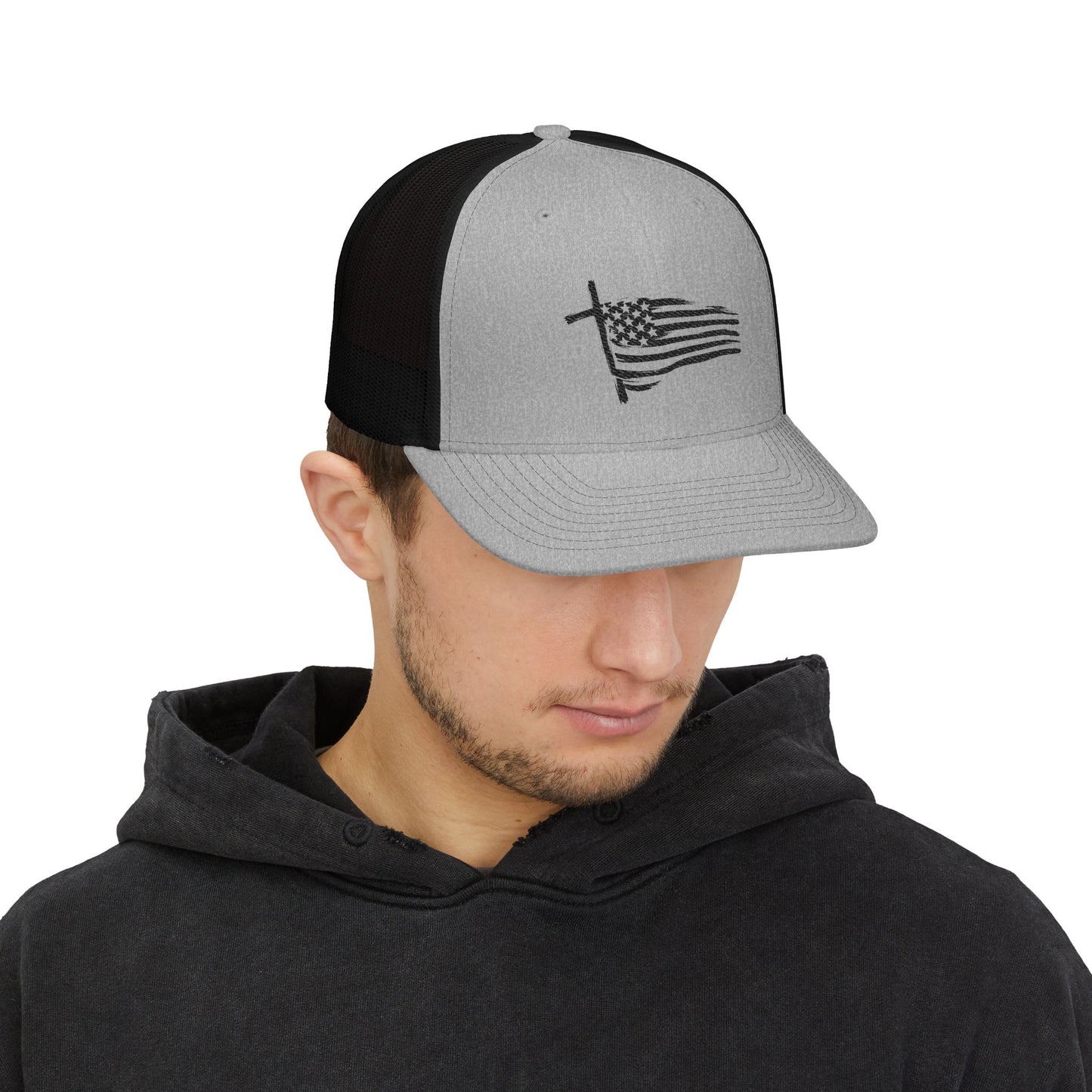Embroidered Waving American Flag Trucker Cap