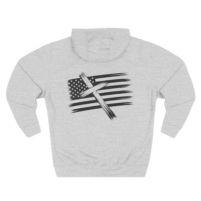American Flag Cross Hoodie — Christian Patriotic Pullover with Distressed Stars & Stripes