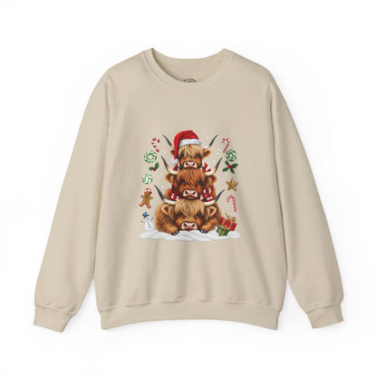 Christmas Highland Cow Sweatshirt — Holiday Stack with Santa Hats & Candy Canes