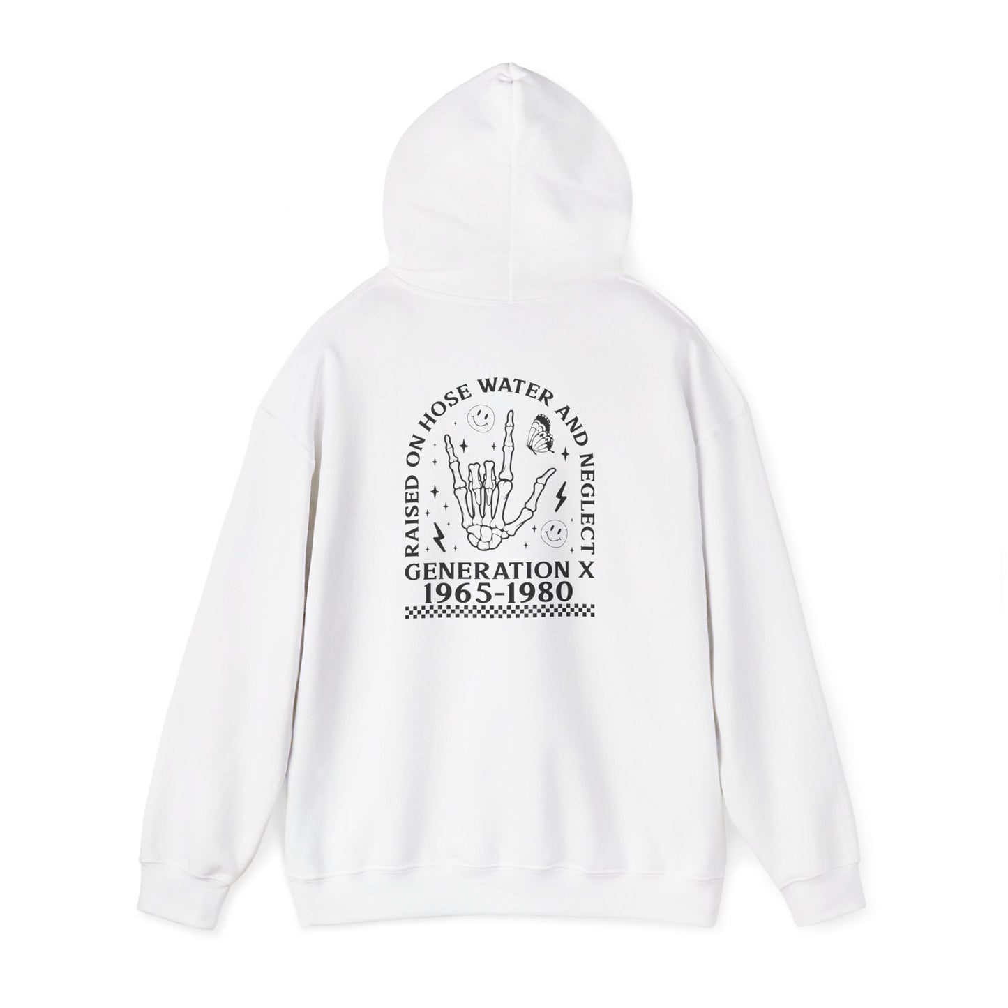 Generation X Hoodie – “Raised on Nostalgia and Neglect” Retro 1965–1980 Skeleton Hand Design
