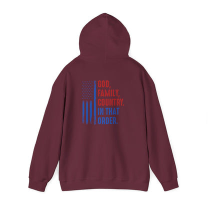 Patriotic "God, Family, Country" Hoodie — American Flag Statement Sweatshirt