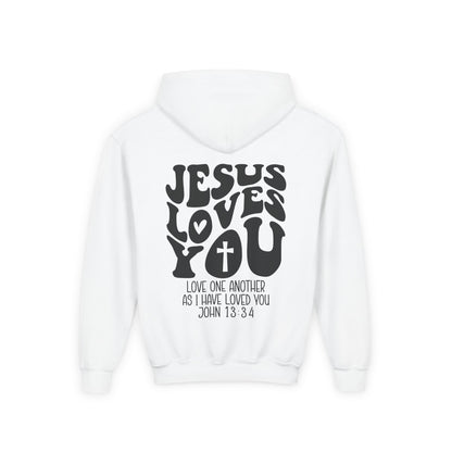 Youth Hoodie — "Jesus Loves You" Christian Scripture Sweatshirt (John 13:34)