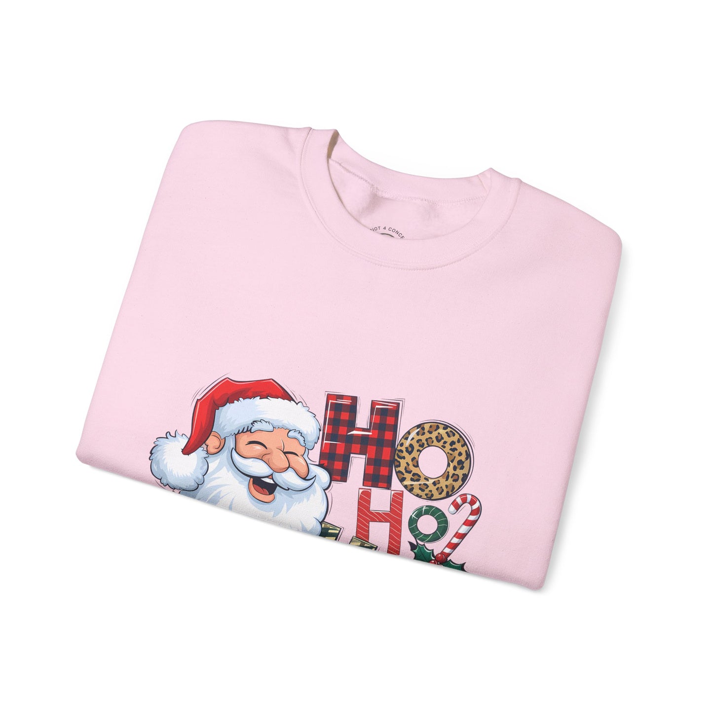Christmas Santa 'Ho Ho Ho' Crewneck Sweatshirt — Holiday Plaid & Leopard Print Festive Pullover