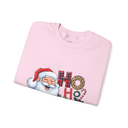 Christmas Santa 'Ho Ho Ho' Crewneck Sweatshirt — Holiday Plaid & Leopard Print Festive Pullover