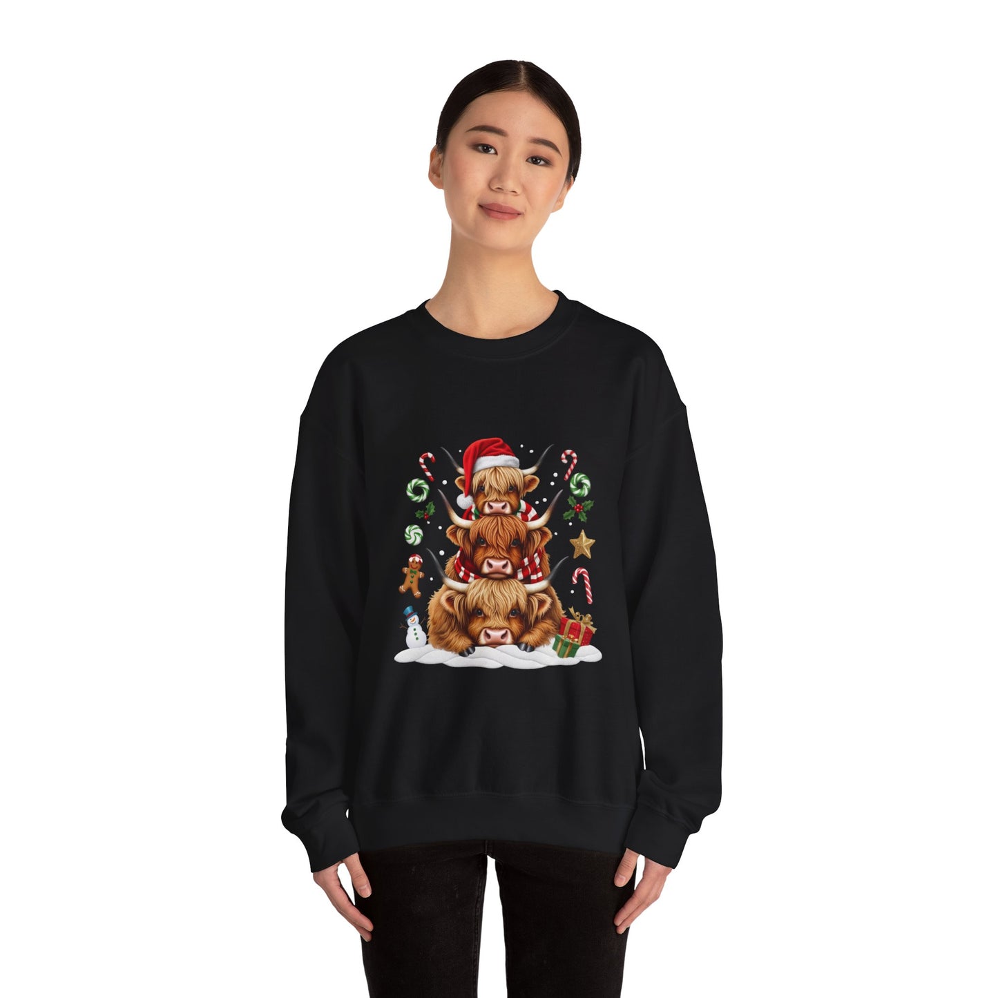 Christmas Highland Cow Sweatshirt — Holiday Stack with Santa Hats & Candy Canes