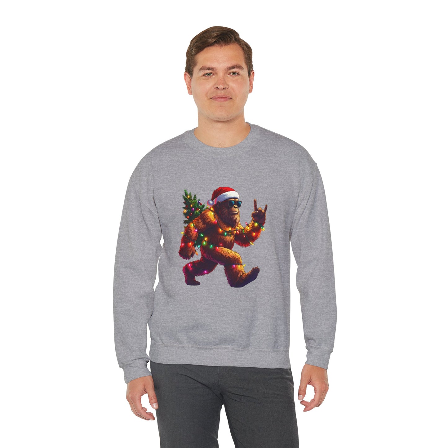 Christmas Sasquatch Crewneck Sweatshirt — Holiday Bigfoot with Santa Hat & Lights
