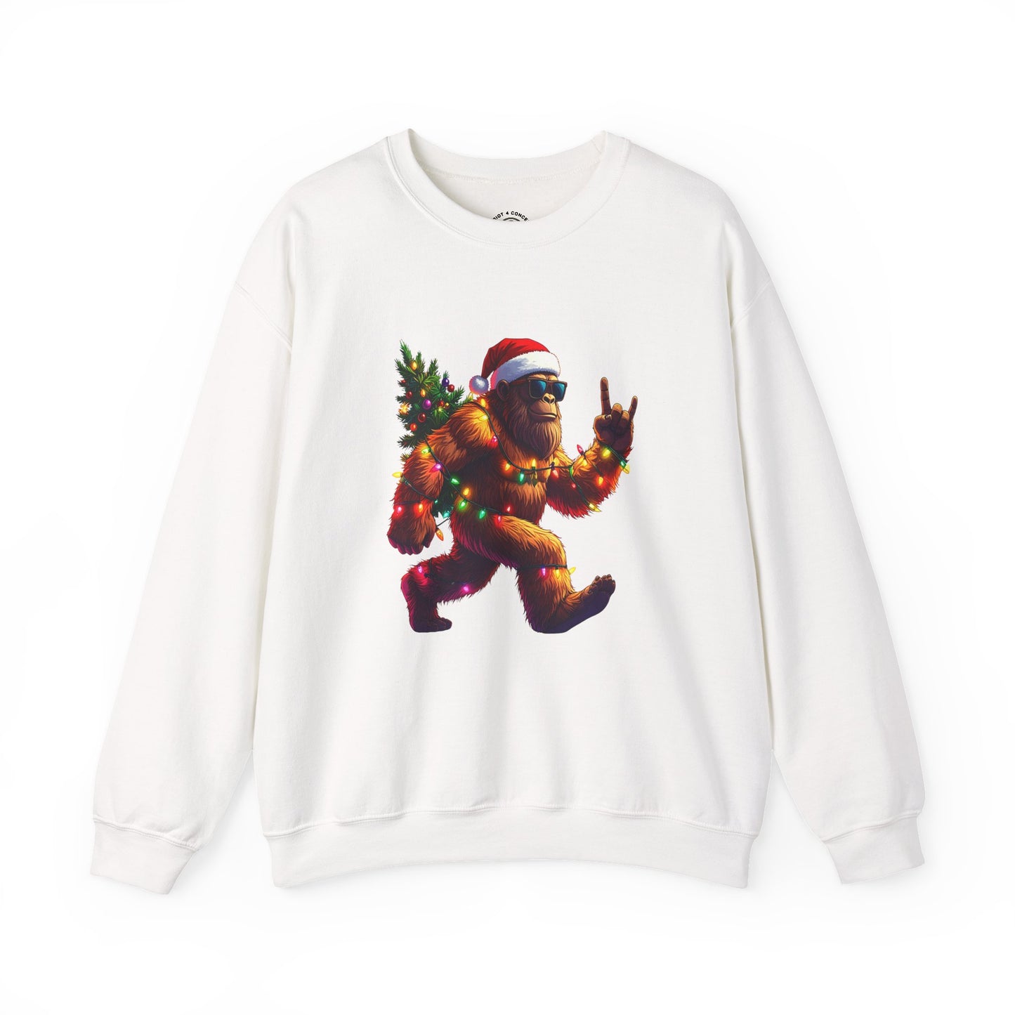 Christmas Sasquatch Crewneck Sweatshirt — Holiday Bigfoot with Santa Hat & Lights