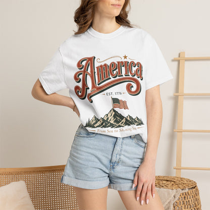 America Vintage Flag T-Shirt — Patriotic Mountain Graphic (From Sea to Shining Sea)