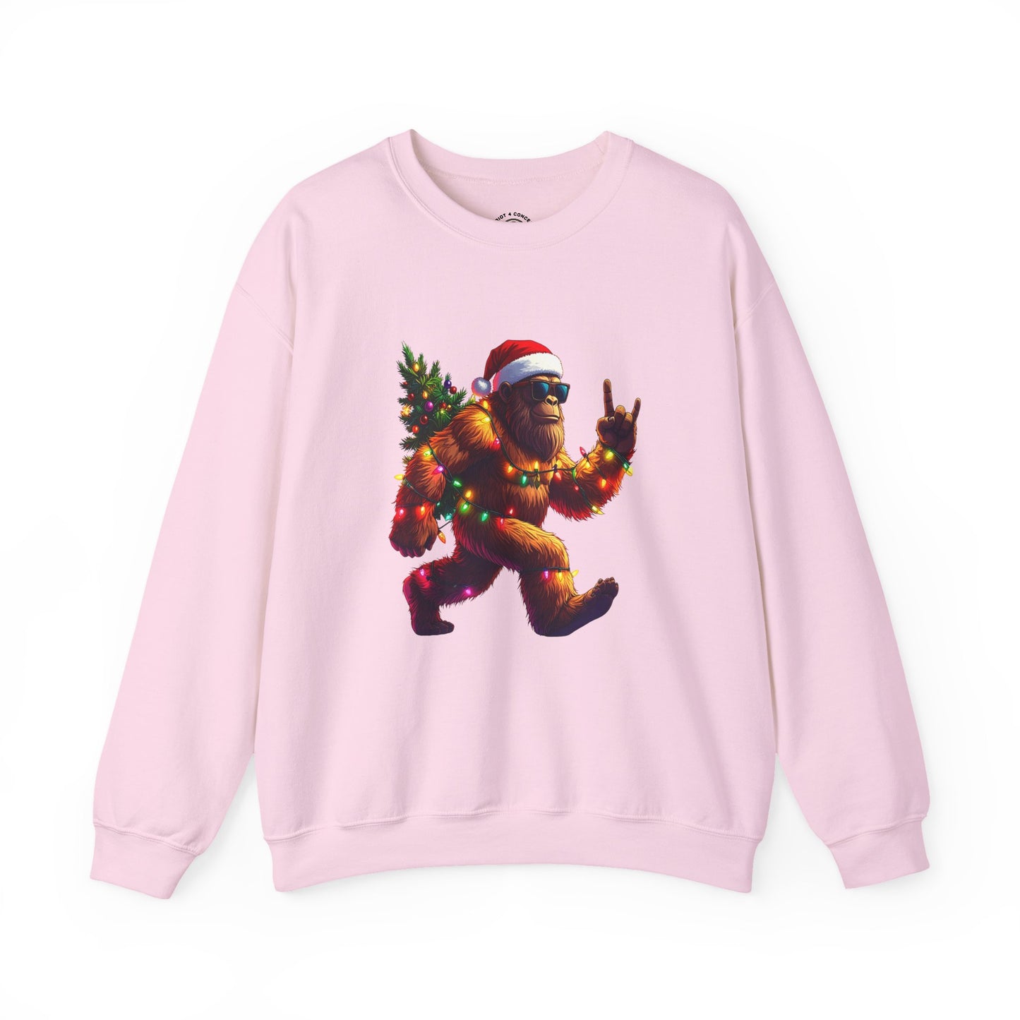 Christmas Sasquatch Crewneck Sweatshirt — Holiday Bigfoot with Santa Hat & Lights