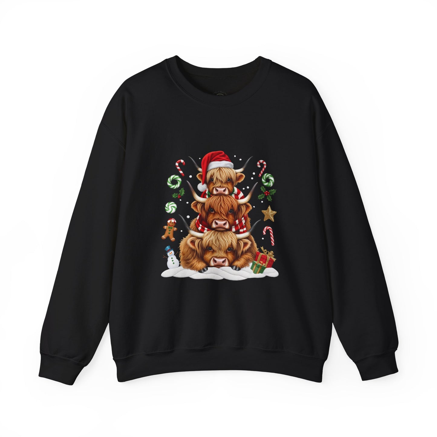 Christmas Highland Cow Sweatshirt — Holiday Stack with Santa Hats & Candy Canes