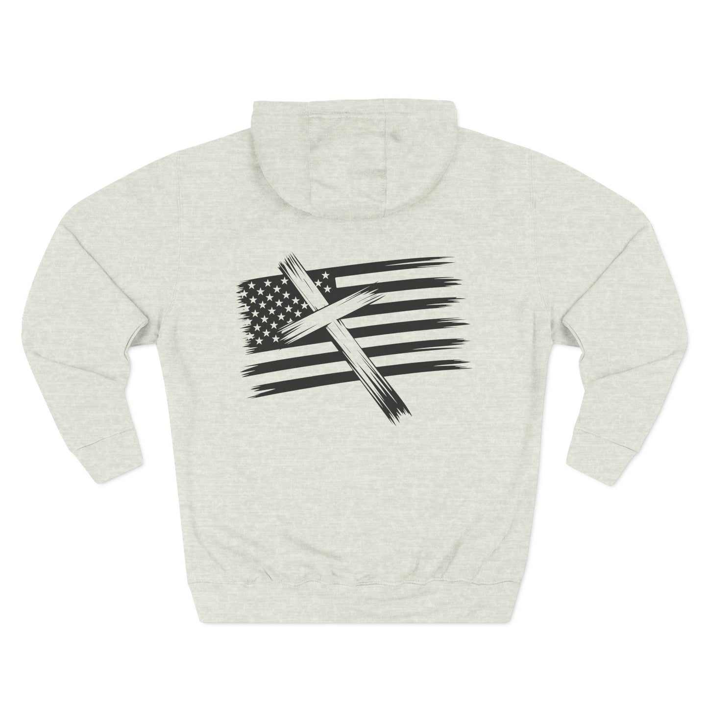 American Flag Cross Hoodie — Christian Patriotic Pullover with Distressed Stars & Stripes