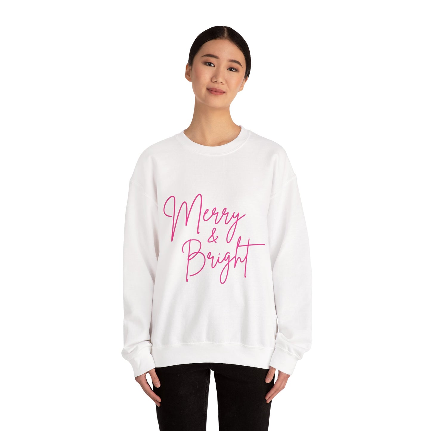 Merry & Bright Crewneck Sweatshirt — Pink Script Holiday Pullover