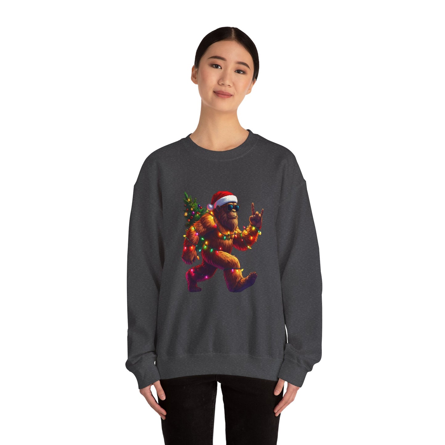 Christmas Sasquatch Crewneck Sweatshirt — Holiday Bigfoot with Santa Hat & Lights