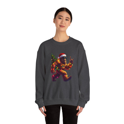 Christmas Sasquatch Crewneck Sweatshirt — Holiday Bigfoot with Santa Hat & Lights