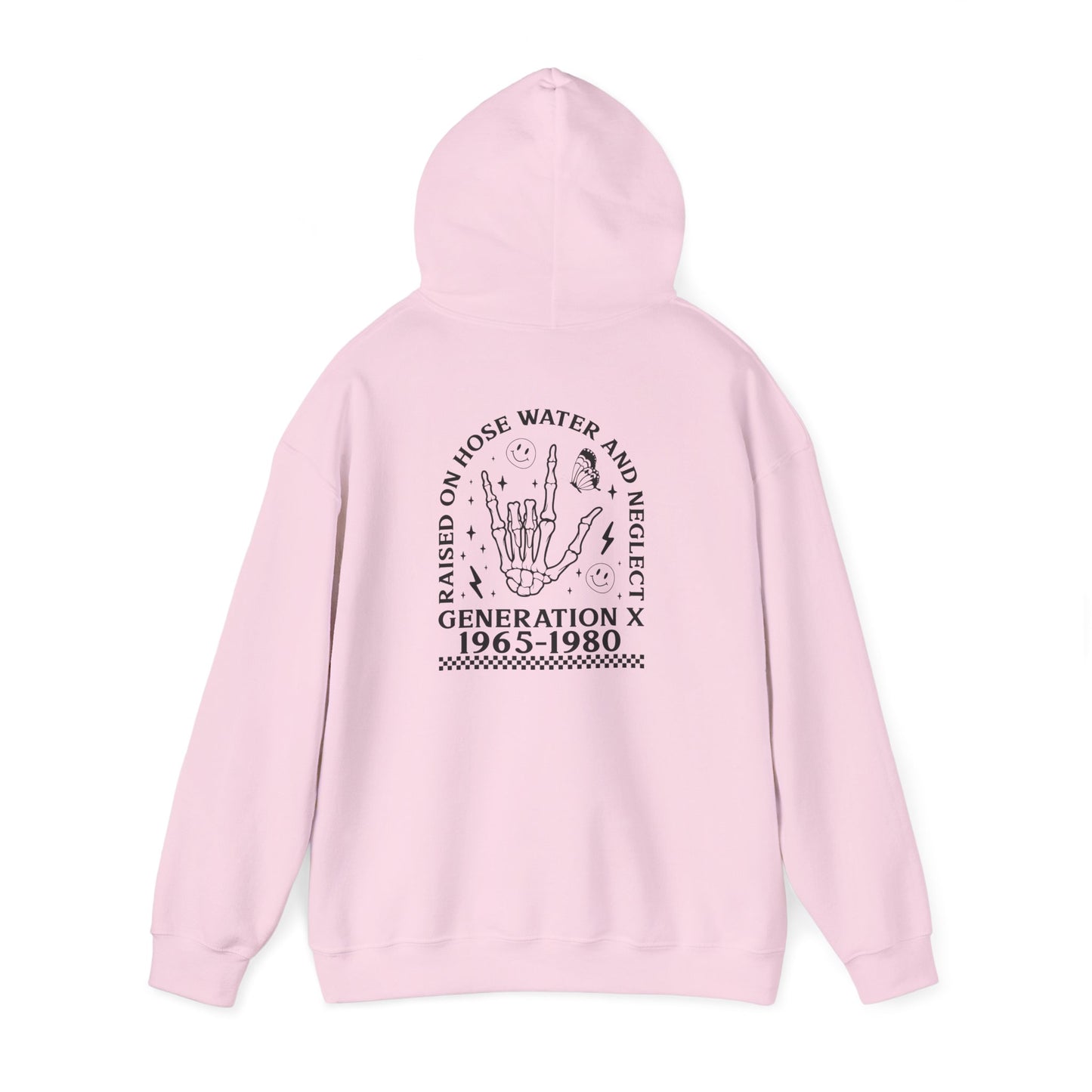 Generation X Hoodie – “Raised on Nostalgia and Neglect” Retro 1965–1980 Skeleton Hand Design