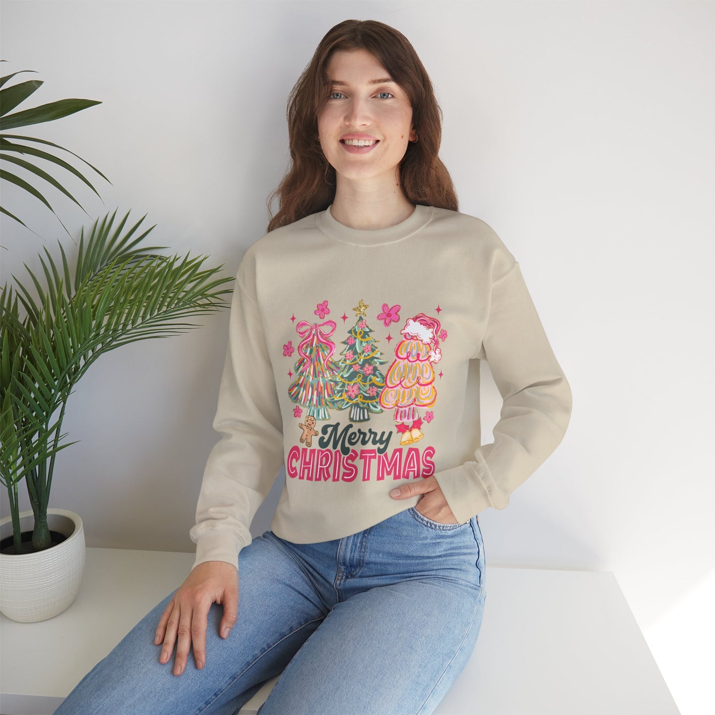 Christmas Trees Crewneck Sweatshirt — Merry Christmas Pink Holiday Sweater