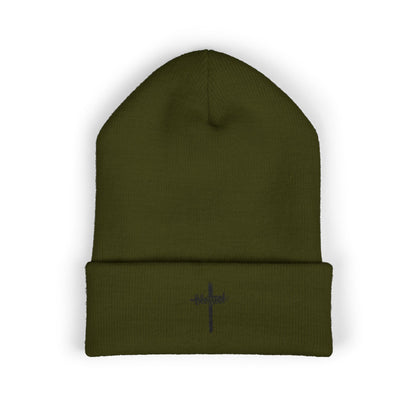 Embroidered Cross Cuffed Beanie — Minimal Faith Knit Hat