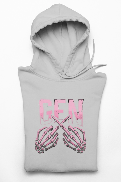 Gen Skull Hands Hoodie — Pink Skeleton Graphic Hooded Sweatshirt