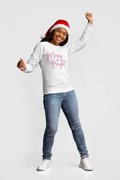 Merry & Bright Crewneck Sweatshirt — Pink Script Holiday Pullover