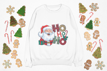 Christmas Santa 'Ho Ho Ho' Crewneck Sweatshirt — Holiday Plaid & Leopard Print Festive Pullover