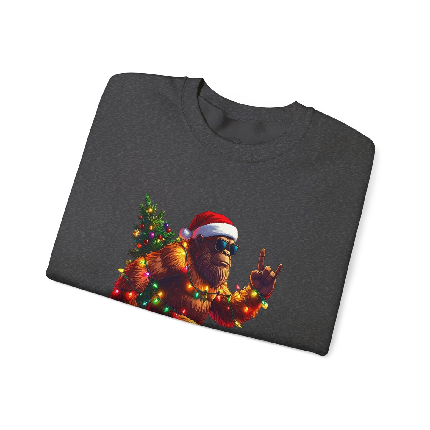 Christmas Sasquatch Crewneck Sweatshirt — Holiday Bigfoot with Santa Hat & Lights