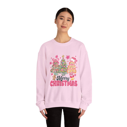 Christmas Trees Crewneck Sweatshirt — Merry Christmas Pink Holiday Sweater