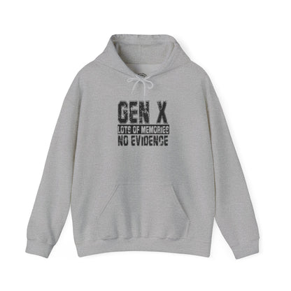 Gen X Hoodie — "Gen X: Lots of Memories, No Evidence" Retro Humor Sweatshirt