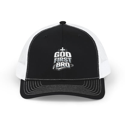 God About Bro Embroidered Trucker Cap — Religious Snapback Hat
