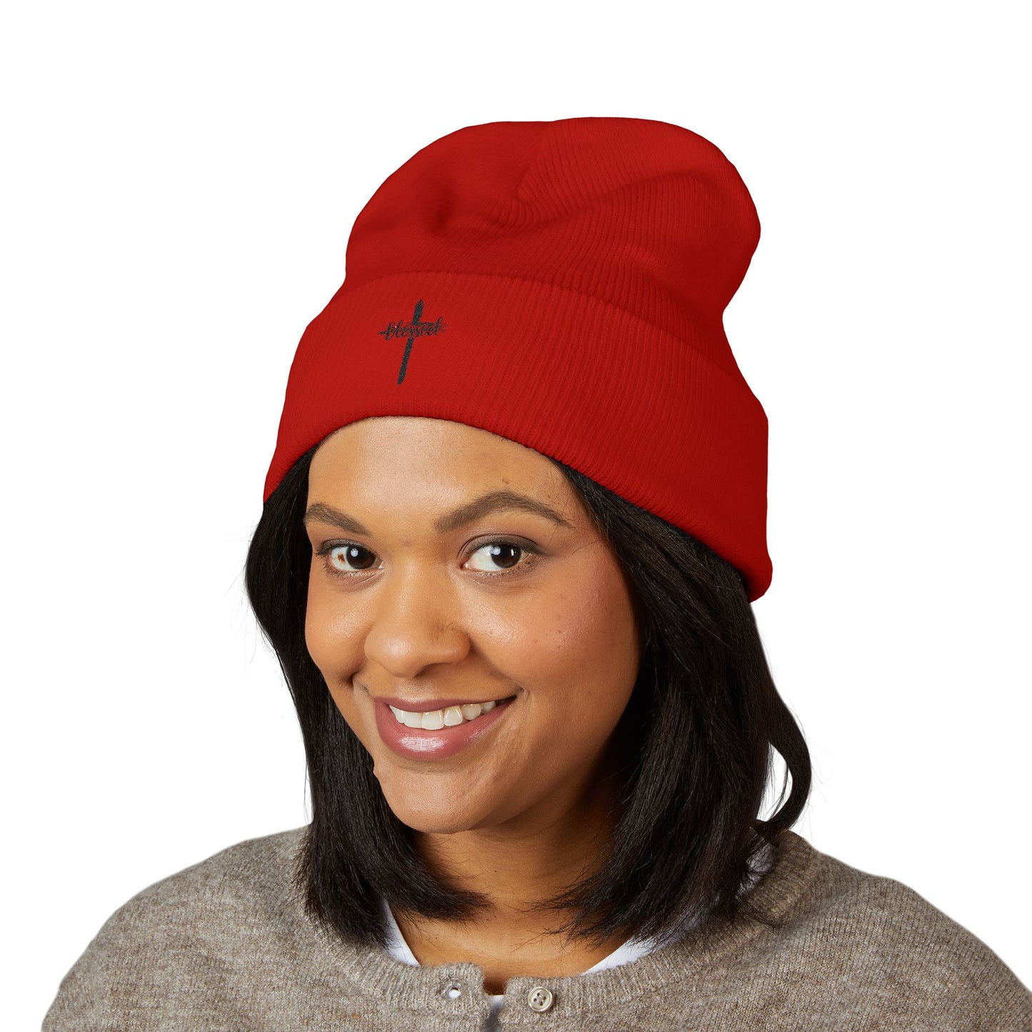 Embroidered Cross Cuffed Beanie — Minimal Faith Knit Hat