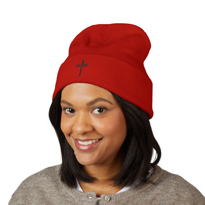 Embroidered Cross Cuffed Beanie — Minimal Faith Knit Hat