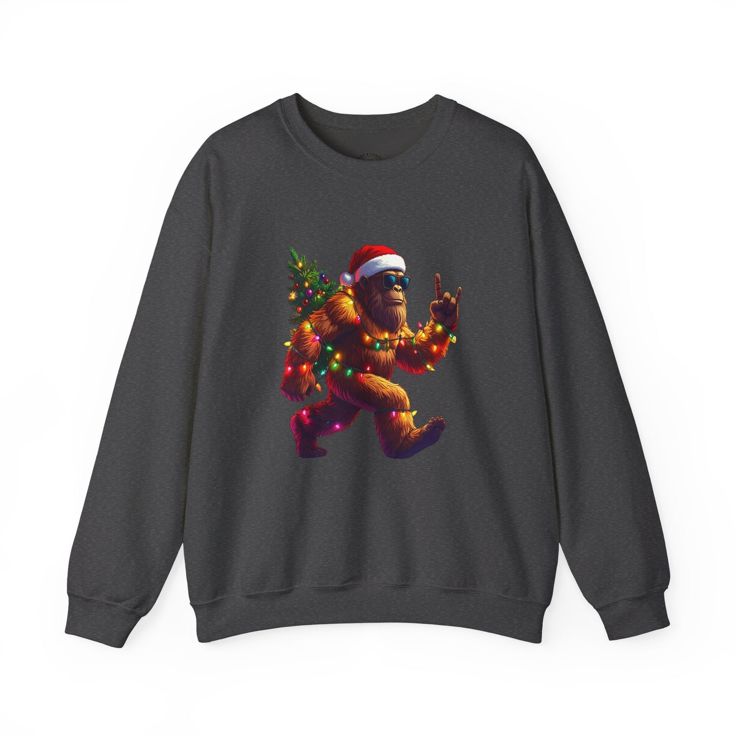 Christmas Sasquatch Crewneck Sweatshirt — Holiday Bigfoot with Santa Hat & Lights