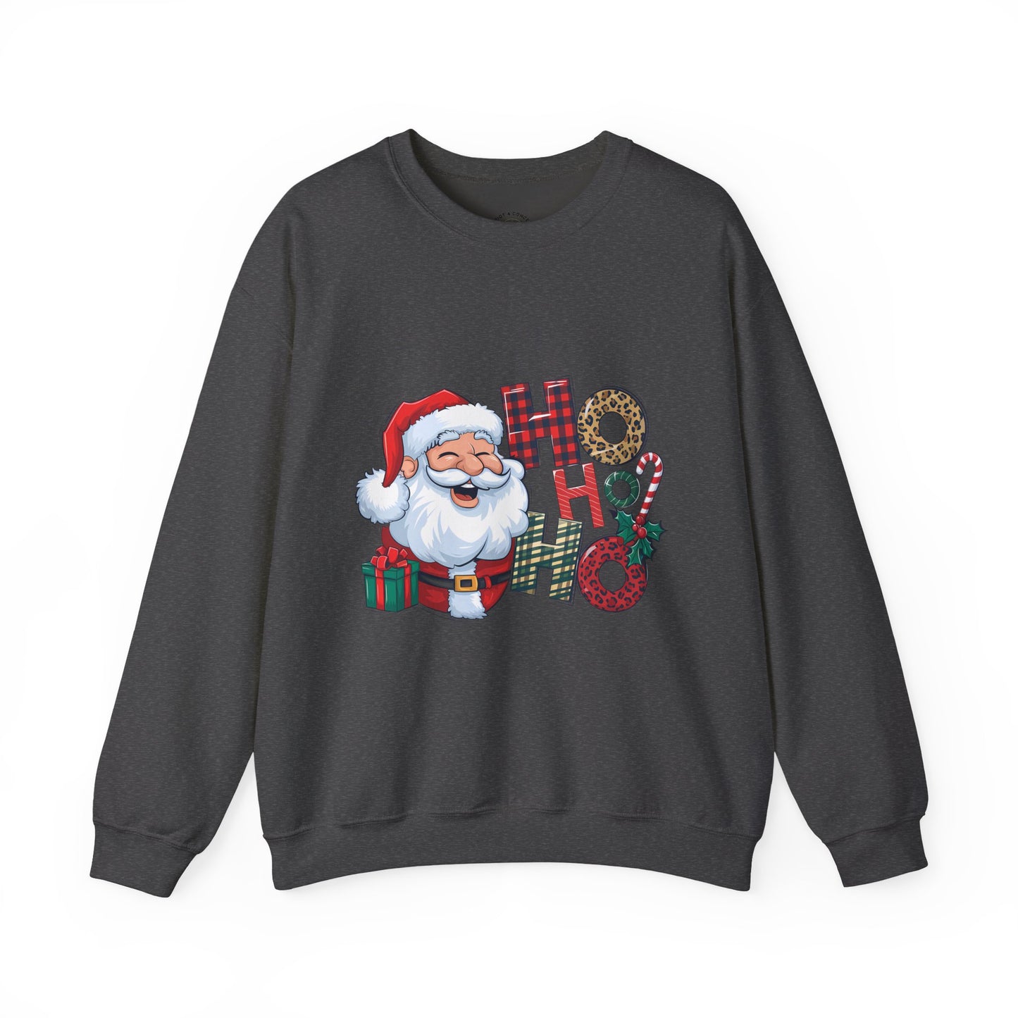 Christmas Santa 'Ho Ho Ho' Crewneck Sweatshirt — Holiday Plaid & Leopard Print Festive Pullover