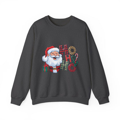 Christmas Santa 'Ho Ho Ho' Crewneck Sweatshirt — Holiday Plaid & Leopard Print Festive Pullover