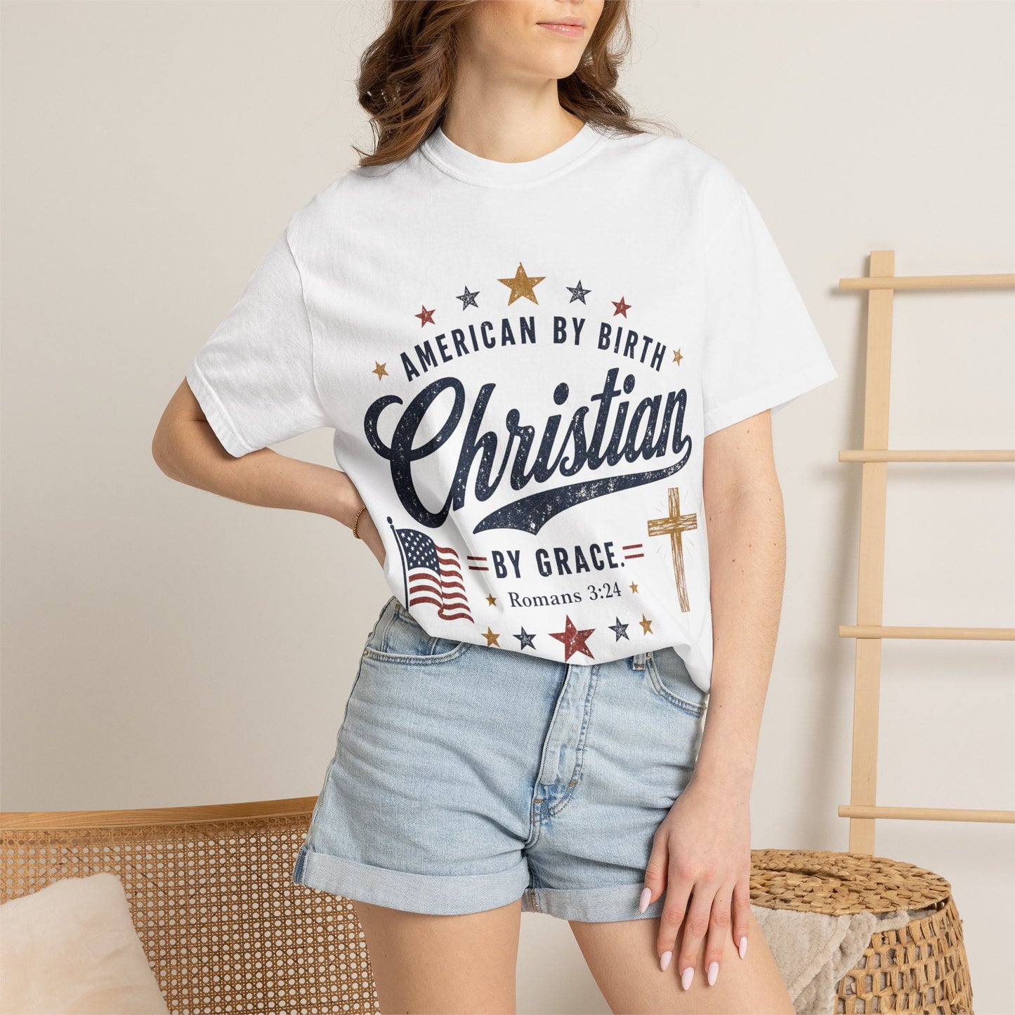 Christian by Grace T-Shirt — "American by Birth" Patriotic Faith Tee (Romans 3:24)