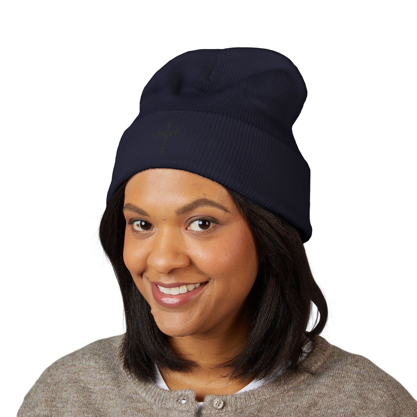 Embroidered Cross Cuffed Beanie — Minimal Faith Knit Hat