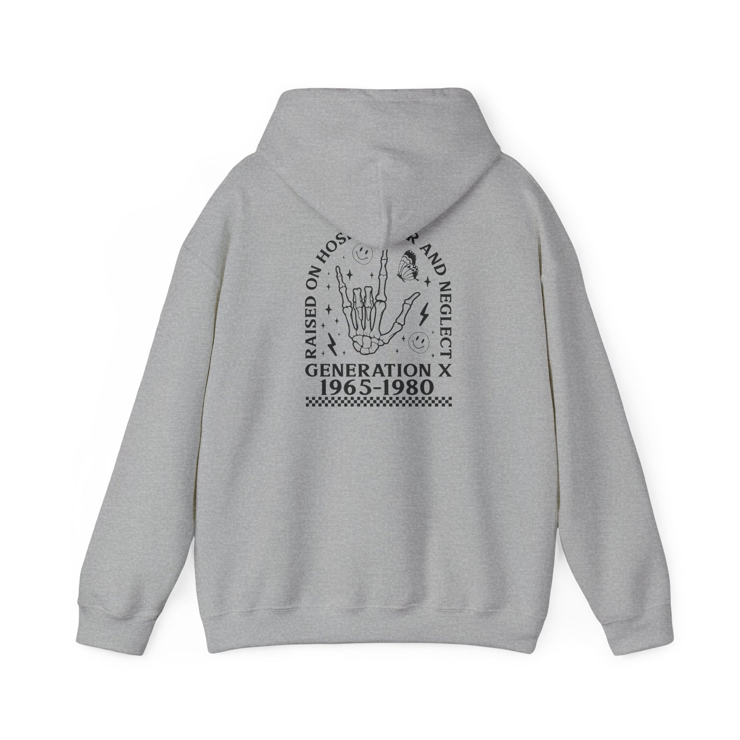 Generation X Hoodie – “Raised on Nostalgia and Neglect” Retro 1965–1980 Skeleton Hand Design