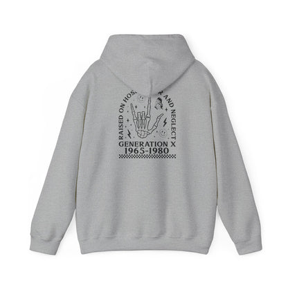 Generation X Hoodie – “Raised on Nostalgia and Neglect” Retro 1965–1980 Skeleton Hand Design