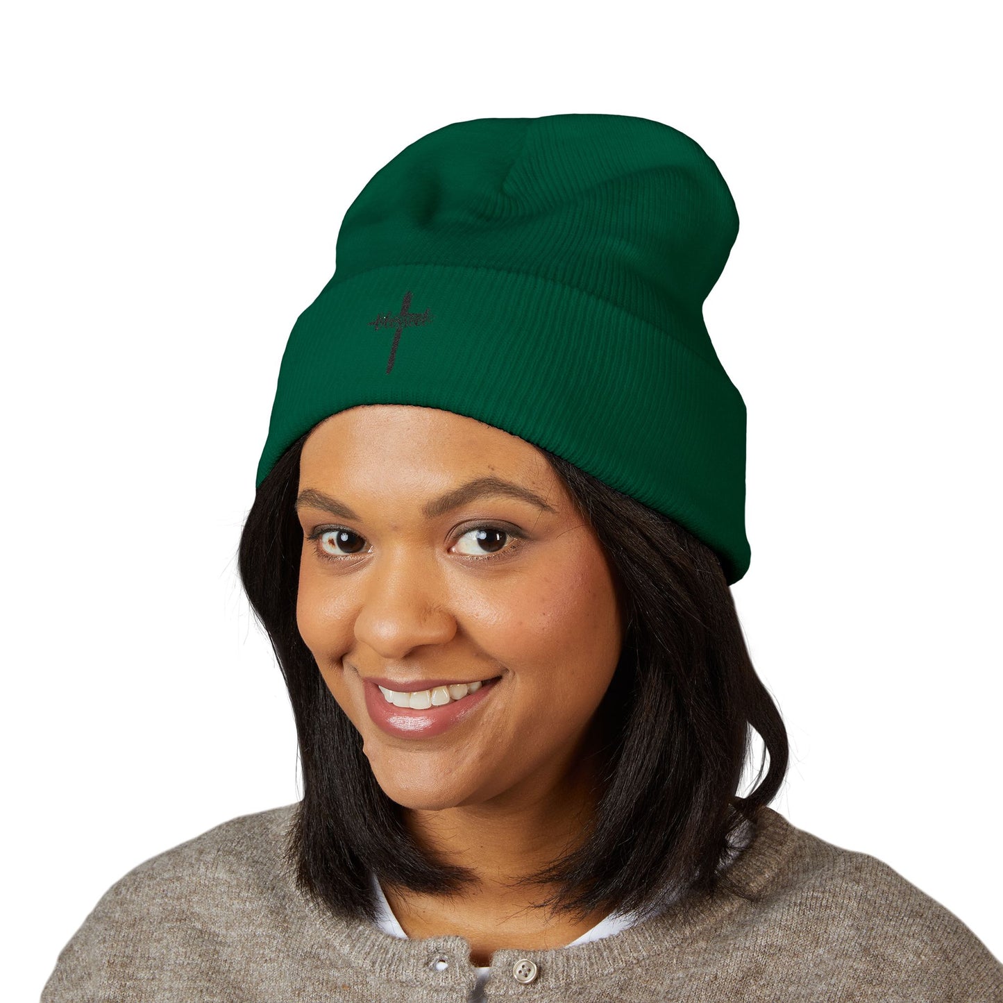 Embroidered Cross Cuffed Beanie — Minimal Faith Knit Hat